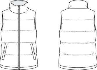 CAD drawing flat vector illustration of puffer sleeveless vest front and back view, technical fashion sketch, apparel design template