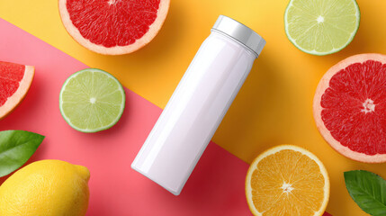Refreshing flat lay top view of white bottle surrounded by colorful fresh fruit. Healthy citrus slices of lime and grapefruit on vibrant pink and yellow background