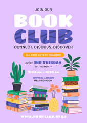 Book Club vertical poster for advertising and promotion. Hand-drawn stacks of various books and houseplants. Banner design for World Book Day, Back to School, Literacy Day and reading group concepts.
