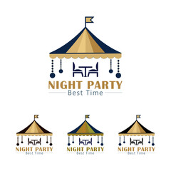 Elegant Night Party Logo Design Template &ndash; Outdoor Event, Tent, Table & Chairs Illustration, High-quality vector logo template featuring a stylish tent with a table and chairs under it