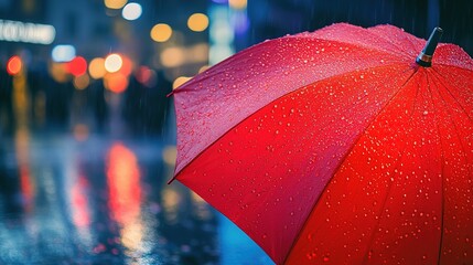 A close-up of a red umbrella covered in raindrops with blurred city lights and reflections in the rainy background.