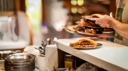 Close-up of a traditional Balkan meat dish served in fresh flatbread, placed on a counter in a busy restaurant kitchen with a server carrying multiple plates.