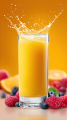 Refreshing fresh orange juice in glass with dynamic vibrant splash. Healthy fruit and berries surround cold drink, creating scene full of energy and health