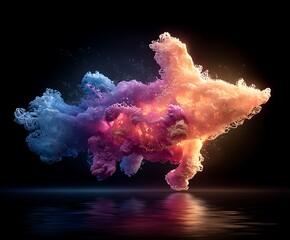 an abstract image features a dynamic explosion of multicolored matter set against a stark black backdrop