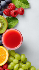 Healthy glass of fresh fruit juice with berry, kiwi, grape, and orange. vibrant vertical composition on clean background perfect for summer refreshment and diet