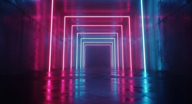 Endless Neon Tunnel With Geometric Squares Abstract Background
