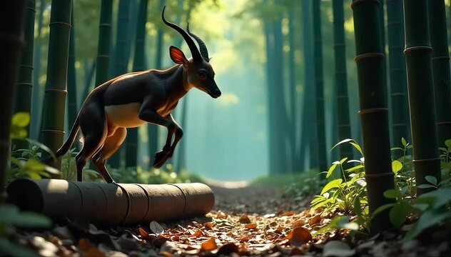 Okapi jumping over a fallen log