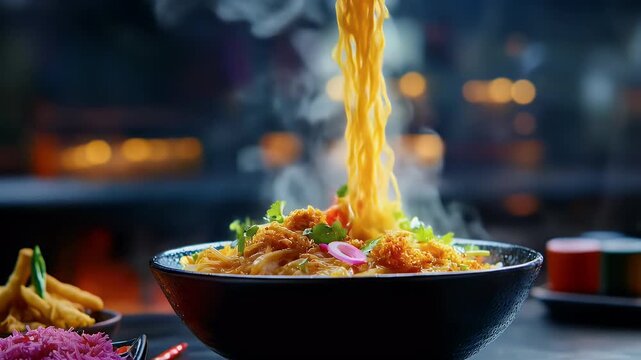 Hot noodles lifted mid-air with steam in dramatic kitchen lighting