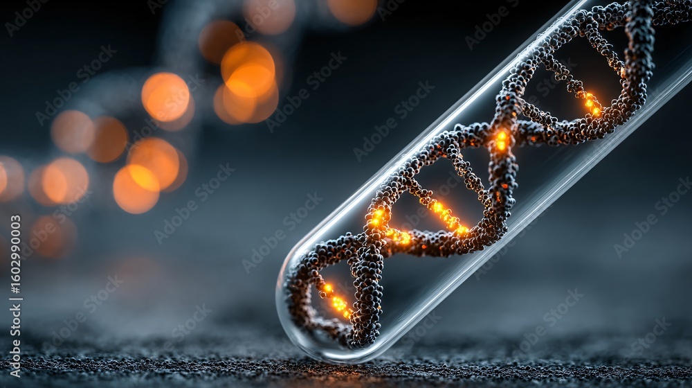 Poster vivid dna helix glowing within a see-through lab container against soft bokeh