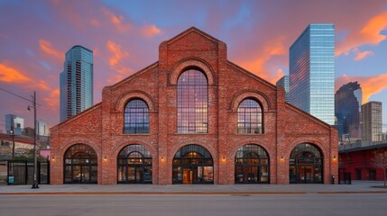 Urban brick building at sunset