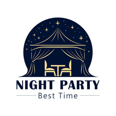 Elegant Night Party Logo Design Template &ndash; Outdoor Event, Tent, Table & Chairs Illustration, High-quality vector logo template featuring a stylish tent with a table and chairs under it