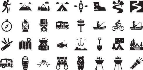 Obraz premium Collection of outdoor camping and hiking icons isolated on transparent background