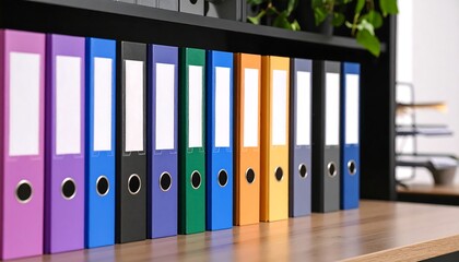 Colorful office binders organizing documents on a shelf, conveying efficient filing and professional business.