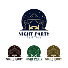 Elegant Night Party Logo Design Template &ndash; Outdoor Event, Tent, Table & Chairs Illustration, High-quality vector logo template featuring a stylish tent with a table and chairs under it