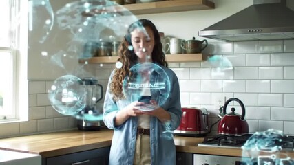 Woman Using Phone with AR Overlay for Secure Smart Home IoT Management in Modern Kitchen - Powered by Adobe