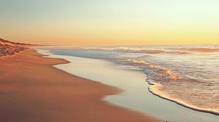 Obraz premium A serene beach at sunset with gentle waves washing over smooth sand under a warm, pastel sky.