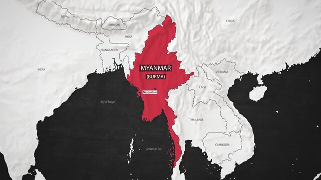 Myanmar Map - Fast Zooming from World Map. Animated Motion Graphics Shape Map of the Myanmar. 4K Resolution Stock Video for News, Vlogs etc.