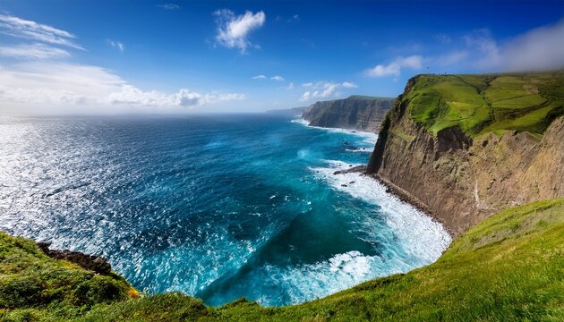 summer coastal cliff landscape azure ocean crashing waves steep ocean shore green hills blue sky