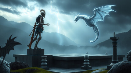 A skeletal knight in rusted armor stands atop a massive stone chessboard set in a misty valley. Opposite him, a ghostly dragon with translucent wings floats just above the board, its form wavering in 