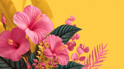 Obraz premium A yellow background with pink flowers and green leaves