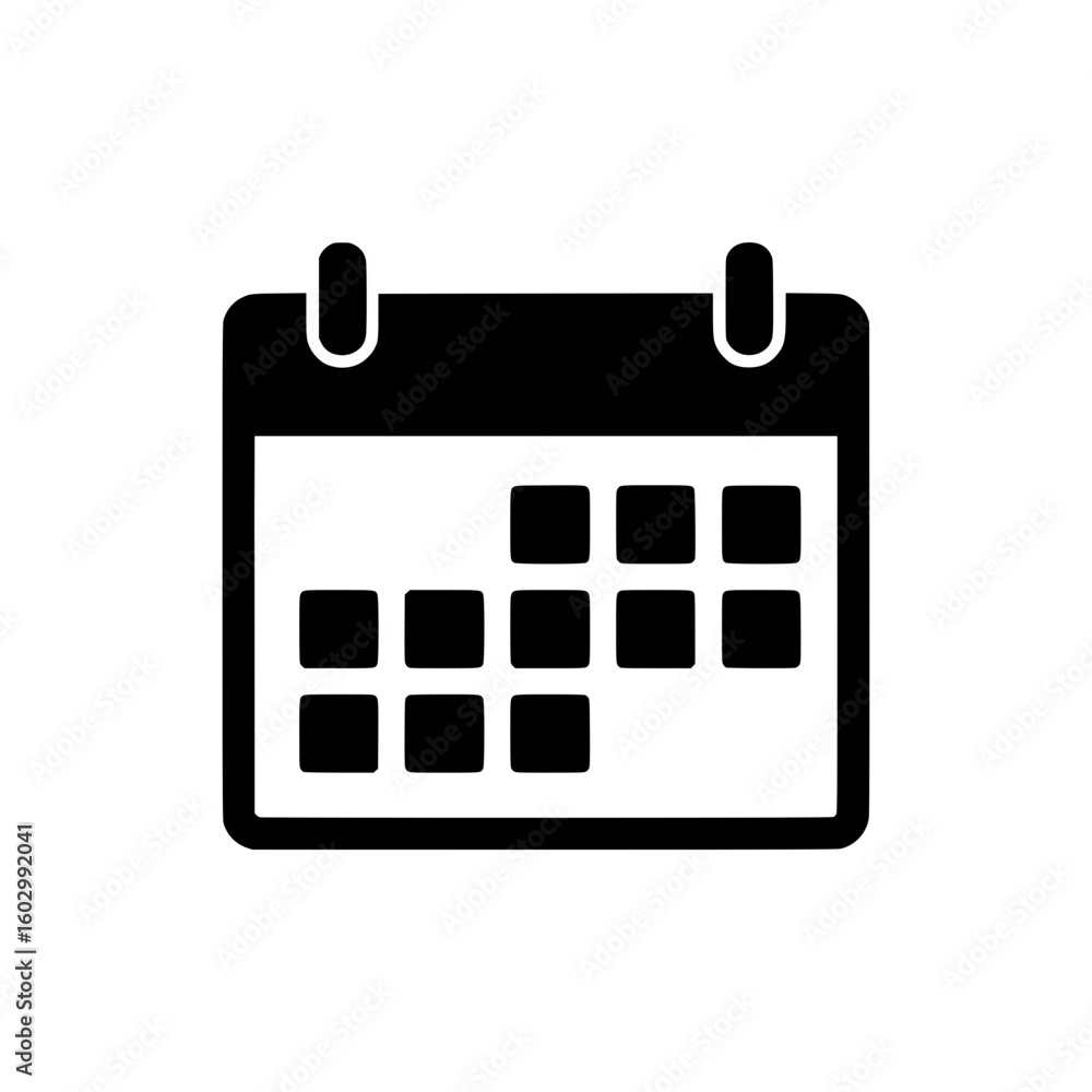 Poster black calendar icon with grid squares isolated on white background suitable for app and web design