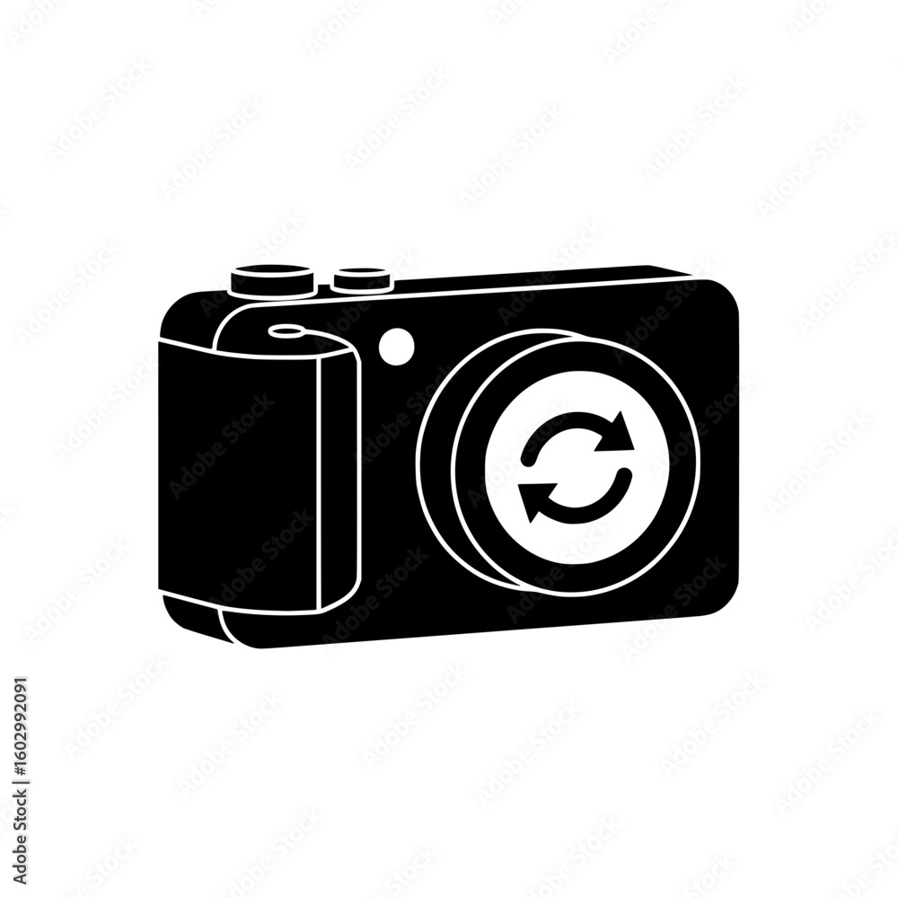 Poster black camera icon with circular refresh symbol indicating reload or reset function isolated on white