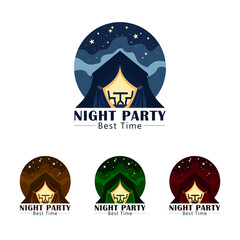 Elegant Night Party Logo Design Template &ndash; Outdoor Event, Tent, Table & Chairs Illustration, High-quality vector logo template featuring a stylish tent with a table and chairs under it