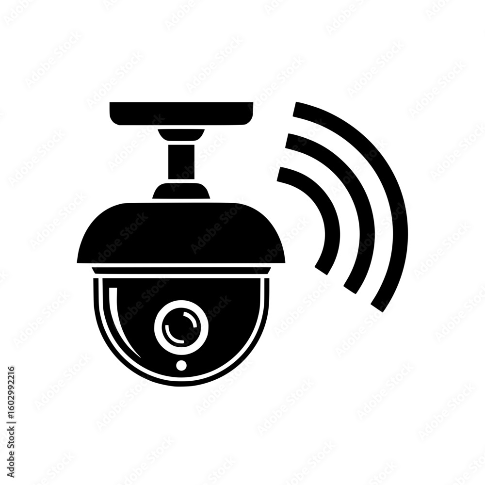 Poster Black dome security camera icon with wireless signal indicator isolated on white background suitable for web design and app interfaces