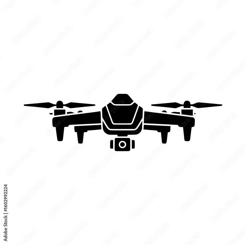 Poster black drone icon with four propellers and a camera isolated on white background suitable for app des