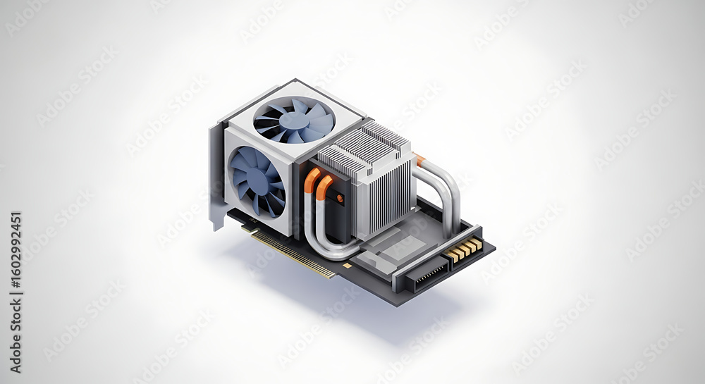 Poster isometric illustration of a computer graphics card with cooling system.