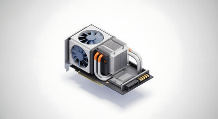 Isometric illustration of a computer graphics card with cooling system.