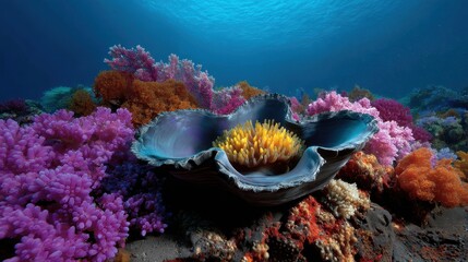 Fototapeta premium Ocean restoration concepts, Vibrant underwater scene featuring coral reefs and a large clam shell among colorful marine life.