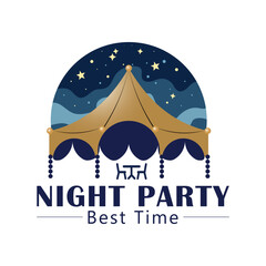 Elegant Night Party Logo Design Template &ndash; Outdoor Event, Tent, Table & Chairs Illustration, High-quality vector logo template featuring a stylish tent with a table and chairs under it