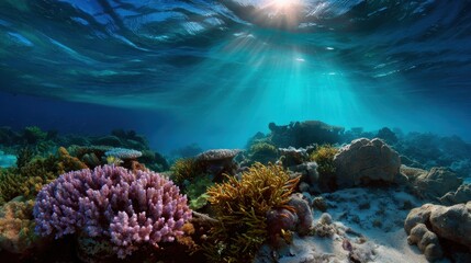 Fototapeta premium Ocean restoration concepts, Beneath the ocean's surface, vibrant coral reefs thrive under shimmering sunlight.