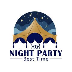 Elegant Night Party Logo Design Template &ndash; Outdoor Event, Tent, Table & Chairs Illustration, High-quality vector logo template featuring a stylish tent with a table and chairs under it