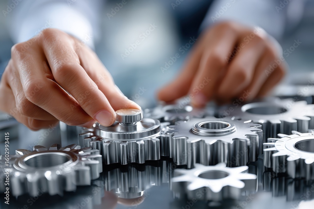 Poster hands adjusting metal gears on a reflective surface in a workshop environment