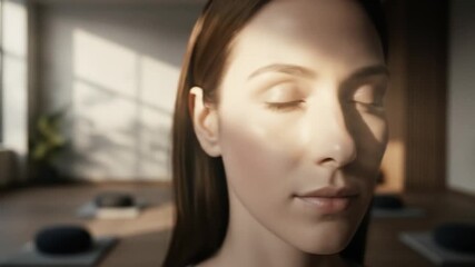 Woman meditating in a serene yoga studio during golden hour, mindfulness calm