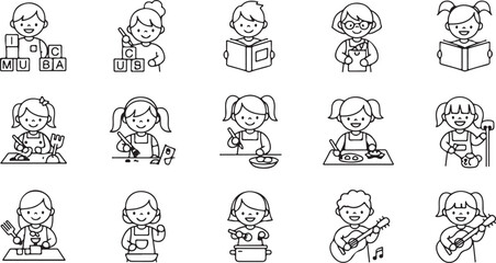 Collection of diverse children reading and learning isolated on transparent background
