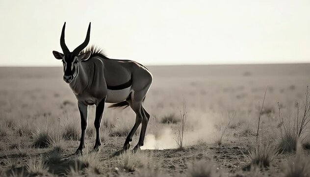 Okapi walking slowly through tall grass