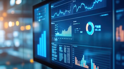 A close-up of a digital screen displaying various data charts, graphs, and analytics in a modern office environment.
