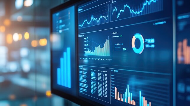 A close-up of a digital screen displaying various data charts, graphs, and analytics in a modern office environment. - Powered by Adobe