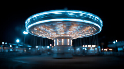 Spinning carousel with blue neon lights captured in long exposure at night