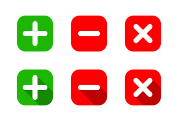Add, remove, and delete icon in square. Plus, minus, and cross symbol with long shadow