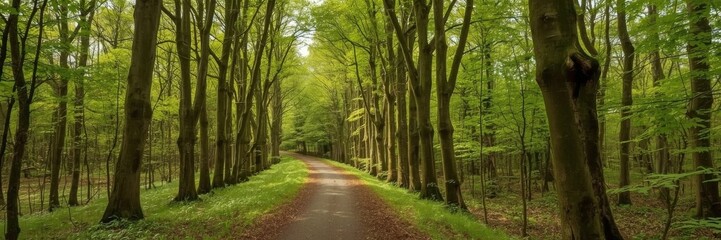 Walkway in a green spring beech forest. Beautiful natural tunnel. Eco tourism, travel destinations, environmental conservation, pure nature