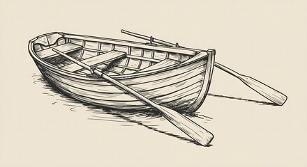 Classic wooden rowboat with oars resting on calm water, serene escape