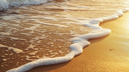 Gentle ocean waves wash over a golden sandy beach, illuminated by warm sunlight during a serene sunset.