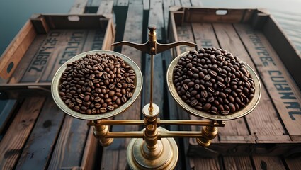 Antique brass scales balancing raw vs polished coffee beans with wooden crate backdrop - vintage trade scene captured on Arri Alexa 65 with morning mist ambiance
