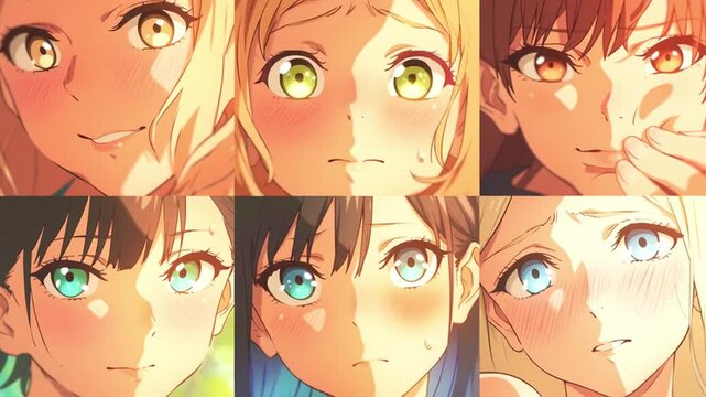 Close up of six young women showing different expressions of happiness and joy