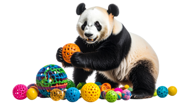 Panda playing with enrichment toys isolated on white background