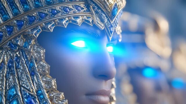 A mythology video background of an Egyptian queen's powerful gaze, a cinematic scene of divine magic and awakened ancient power.